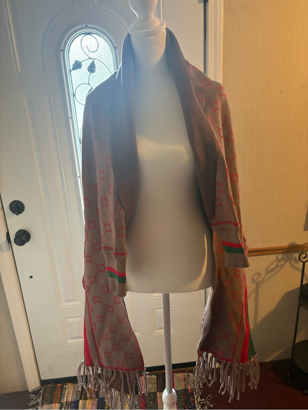 Pink and Brown Knit Fringe Wrap Scarf